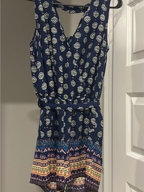 Navy Printed Sleeveless V-Neck Dress with Belt